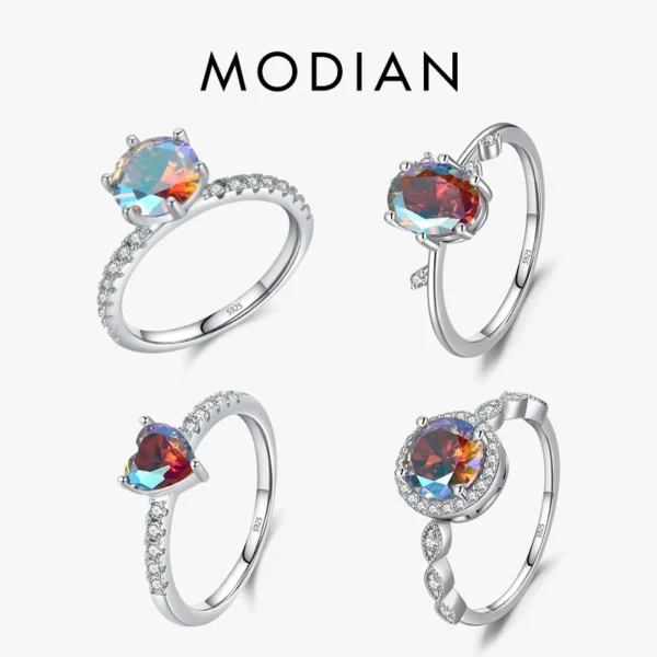 MODIAN 925 Sterling Silver Stunning Rainbow Color Geometric Heart Cubic Zirconia Cocktail Rings For Women Fashion Fine Jewelry